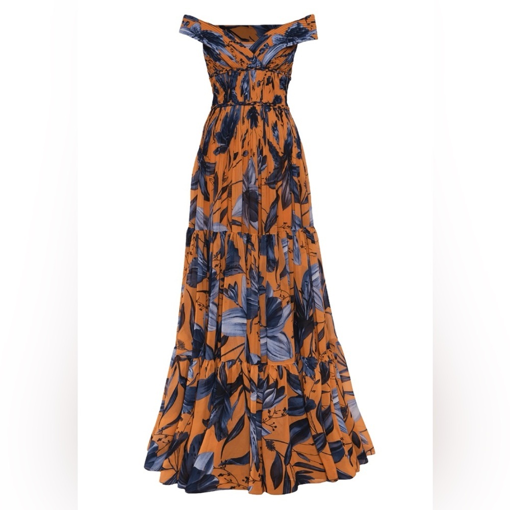 Andres Otalora Magdalena Pleated Chiffon Vibrant Floral Dress in Orange and Blue